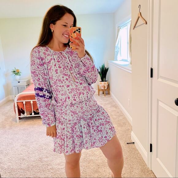 HEMANT & NANDITA Dresses & Skirts - Hemant & Nandita Blue Purple Floral Sequin Smocked Long Sleeve Mini Dress XS